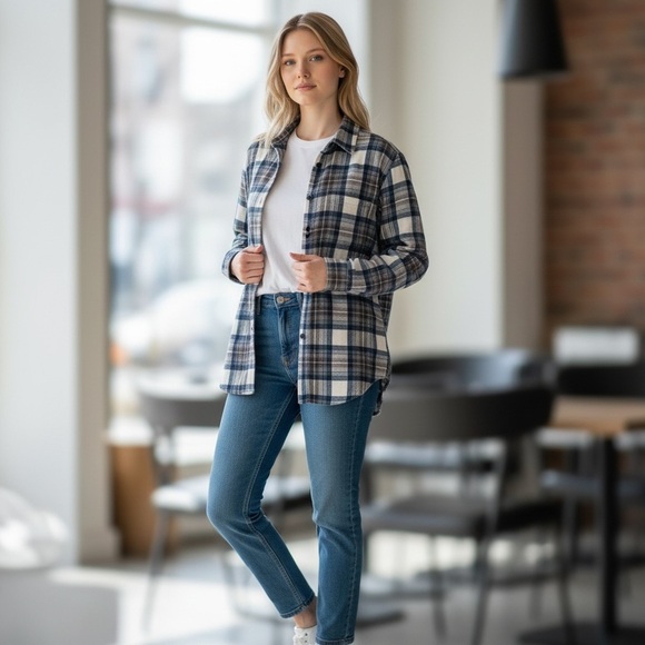 L.L. Bean Tops - L.L. Bean Navy/Cream Plaid Button Down Flannel Women’s M Petite 100% Cotton